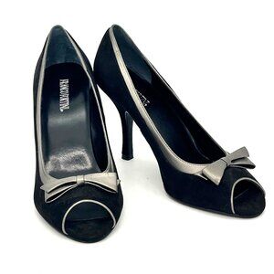 Franco Fortini Womens 9.5M Black Gray Peep Toe Heel with Bow Leather Suede Upper